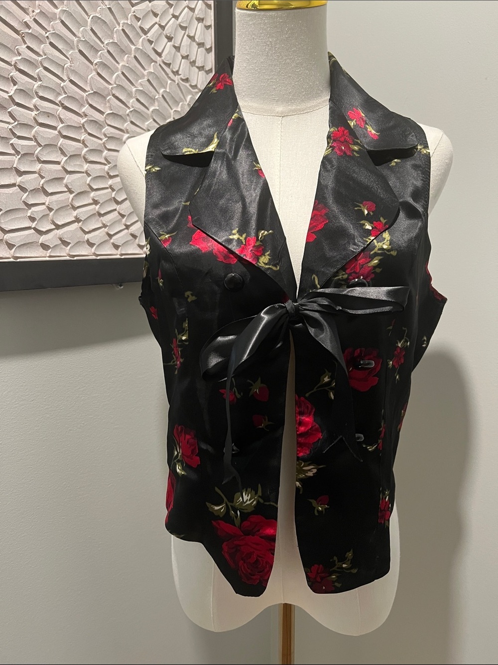 Black Satin Floral Tie-Front Vest with Red Roses